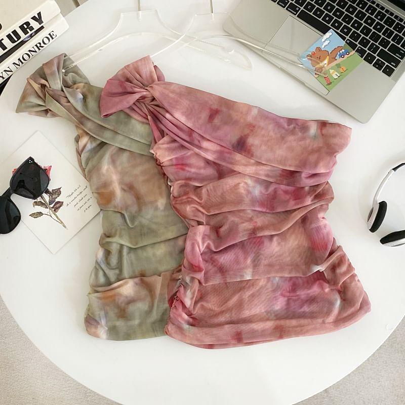 Sleeveless One Shoulder Tie Dye Ruched Tie Front Crop Top Product Image