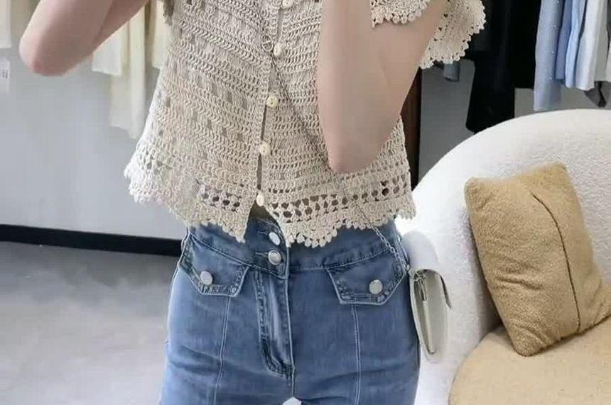 Short-Sleeve Plain Crochet Knit Top Product Image