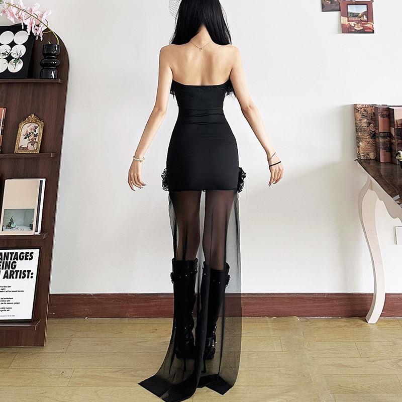 Strapless Plain Ruffle Hem Lace-Up Bodycon Mini Dress Product Image
