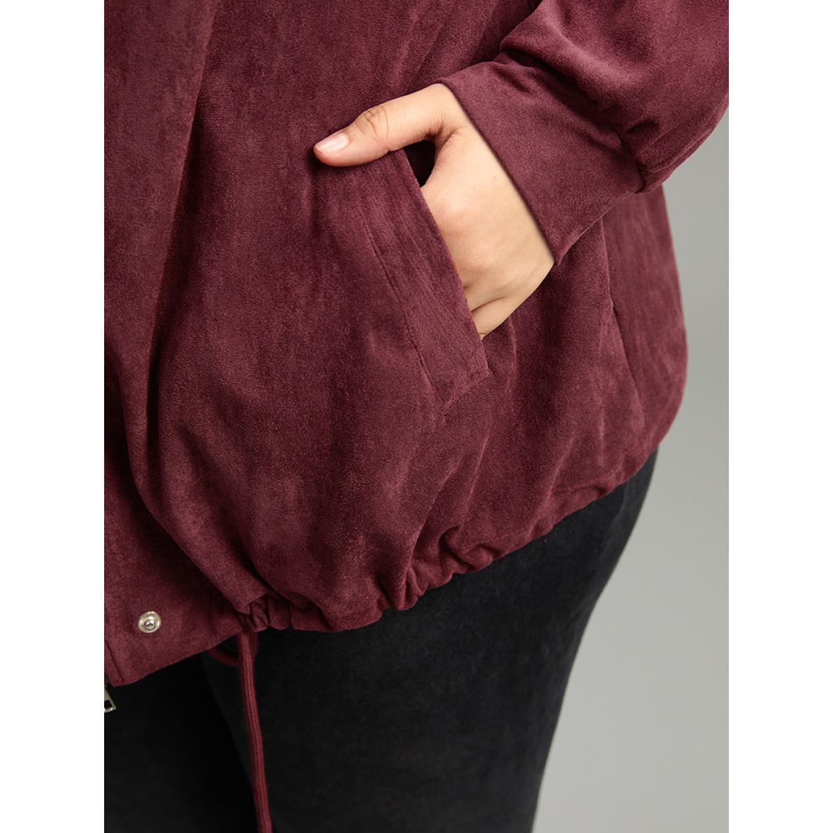 Plus Size Plain Pocket Zipper Fly Drawstring Jacket Women Burgundy Plain Pocket Dailywear Jackets BloomChic 12/L Product Image