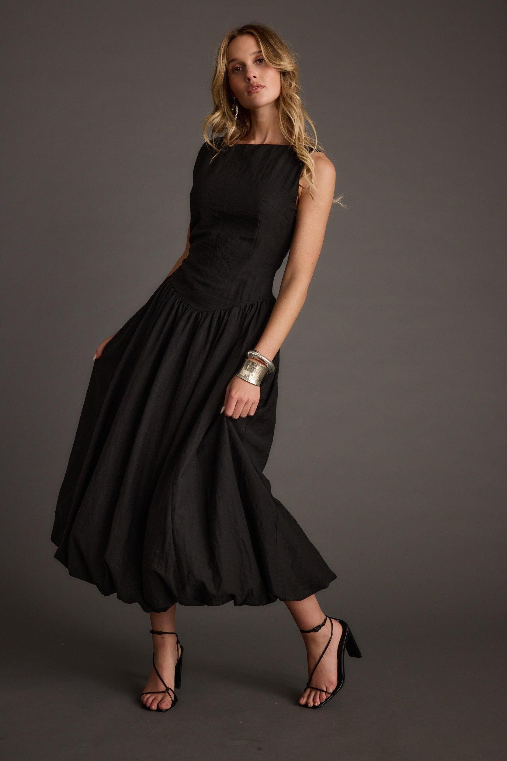 Kate Black Drop Waist Bubble Hem Midi Dress Product Image