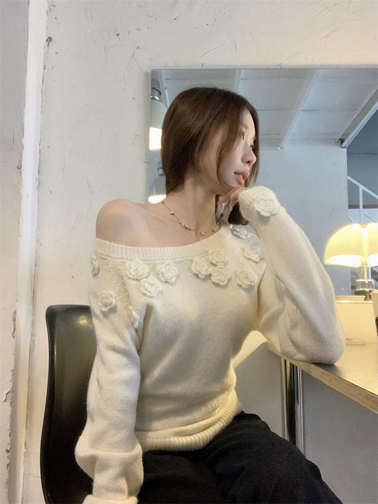Boat Neck Flower Accent Sashed Sweater Product Image