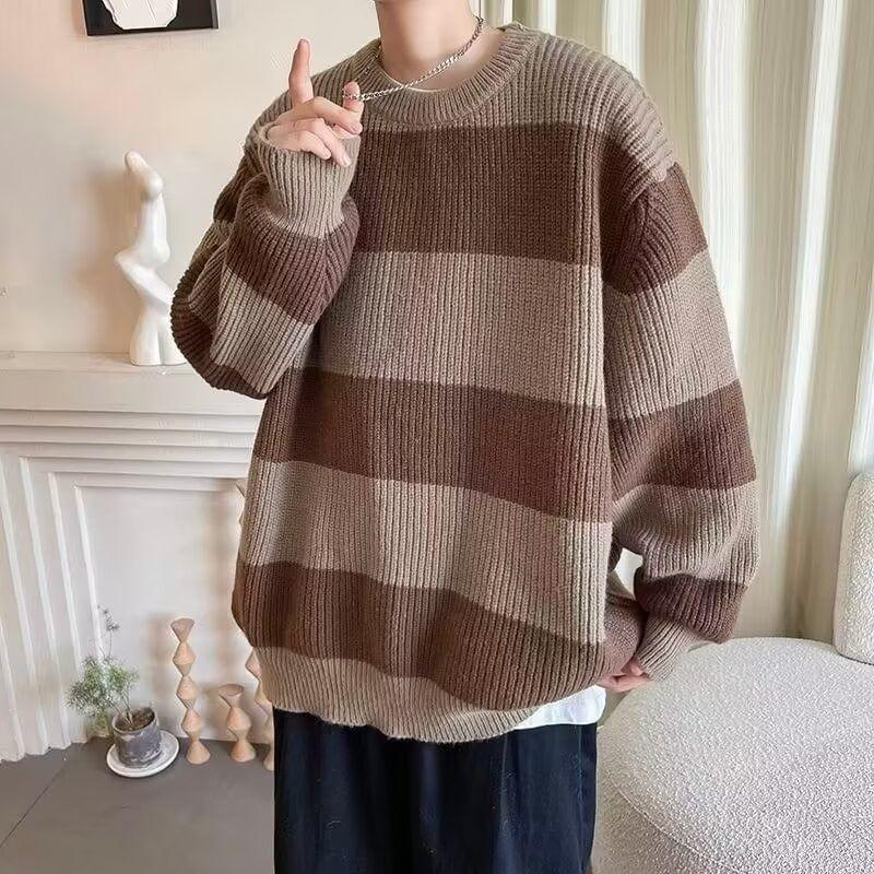 Crew Neck Striped Ribbed Sweater Product Image