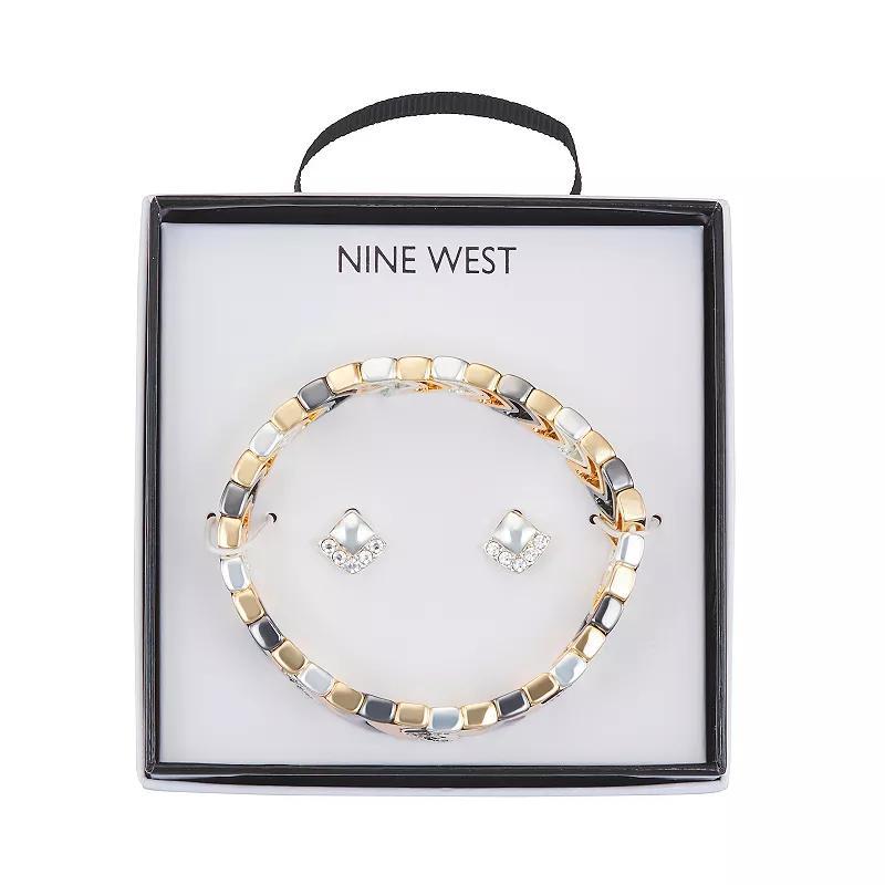 Nine West Tri-Tone Herringbone Bracelet & Stud Earring Set, Women's, Multi Product Image