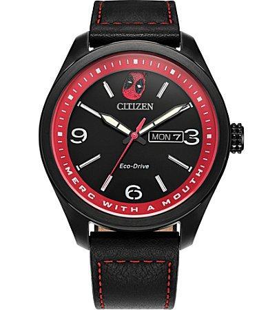 Citizen Mens Eco-Drive Marvel Here Comes Deadpool Black IP Stainless Steel Black Leather Strap Watch - AW0145-02W Product Image