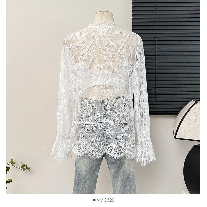 Bell-Sleeve V-Neck Sheer Lace Shirt Product Image