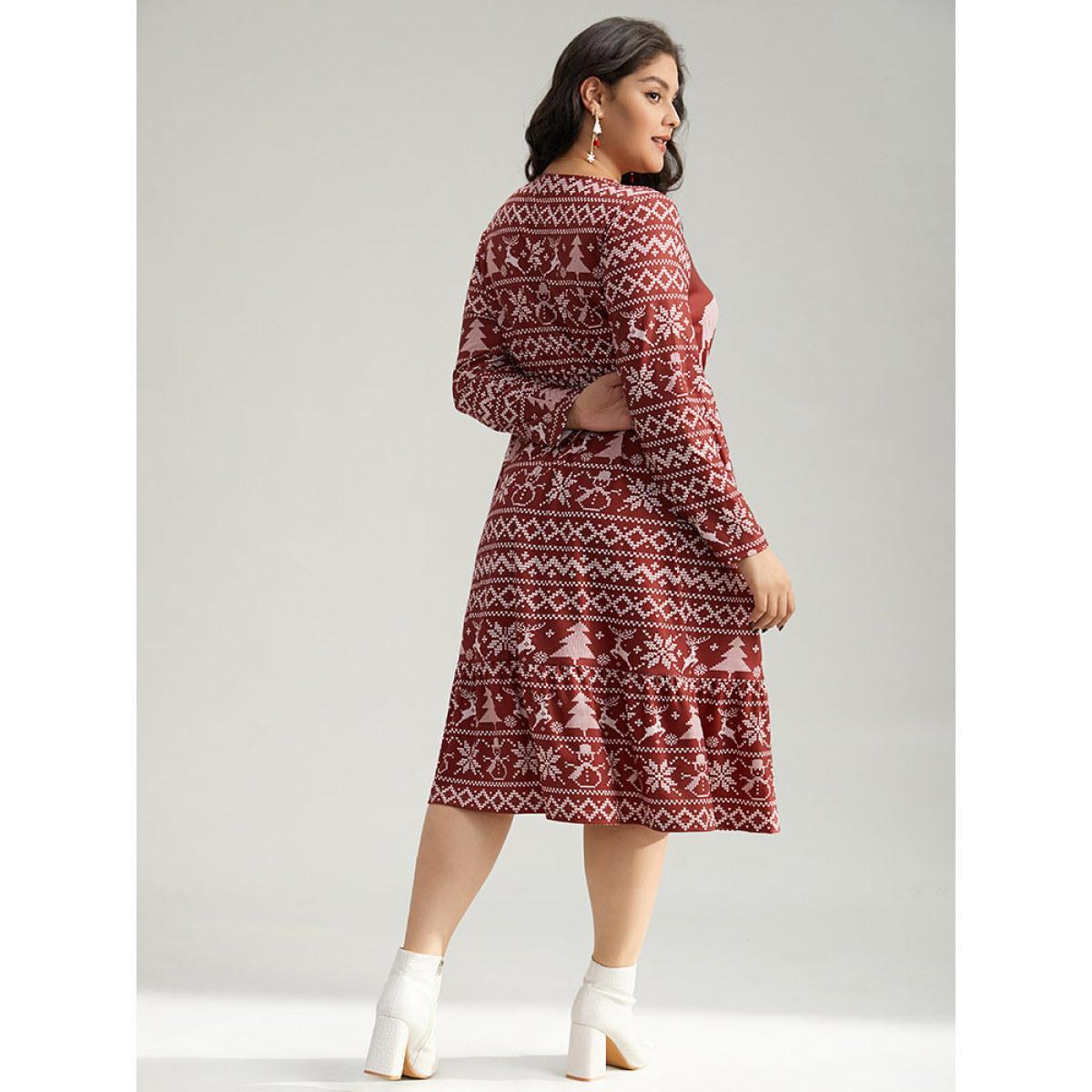 Plus Size Christmas Elk Gathered Ruffle Layered Hem Dress Scarlet Women Casual Printed Round Neck Long Sleeve Curvy Midi Dress BloomChic 10/M Product Image