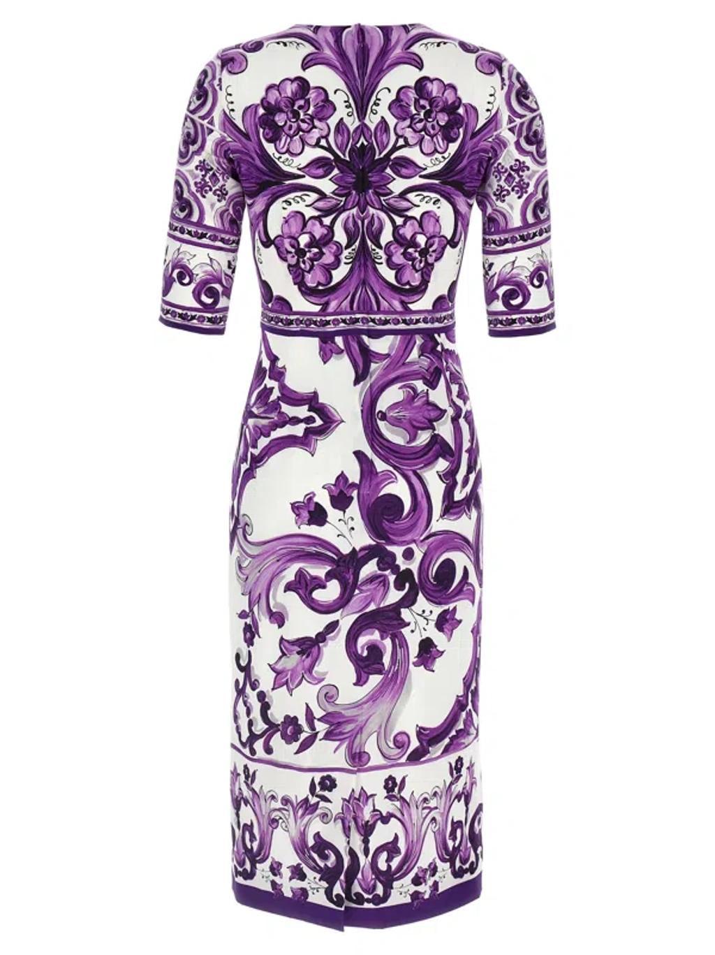 DOLCE & GABBANA Violet Crewneck Dress With Rear Zip Closure And All-over Floral Print In Silk Stretch Woman In Purple Product Image