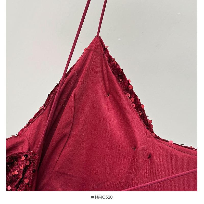 Velvet Sequined Sleeveless V-Neck Maxi Dress Product Image