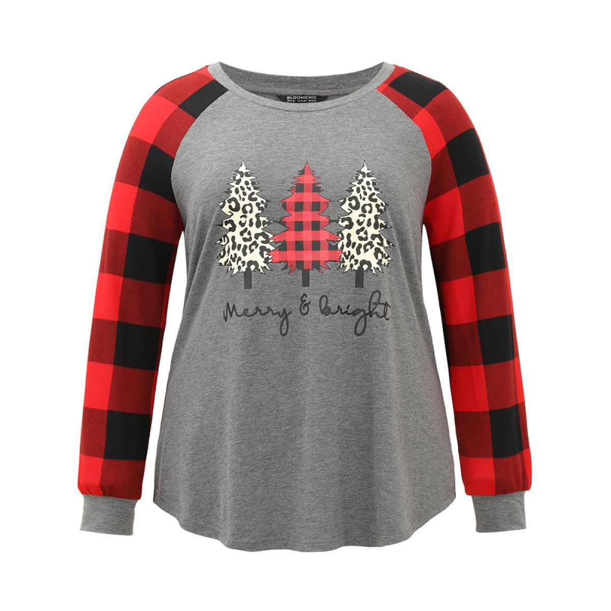 Plus Size Plaid Christmas Trees Round Neck T-shirt Gray Women Casual Contrast Christmas Festival-Christmas T-shirts BloomChic 10/M Product Image