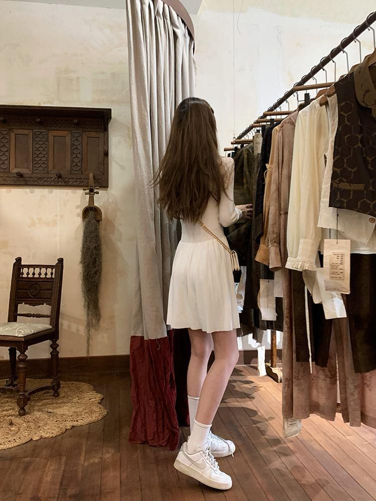 Long-Sleeve Square Neck Plain Pleated Mini A-Line Knit Dress Product Image