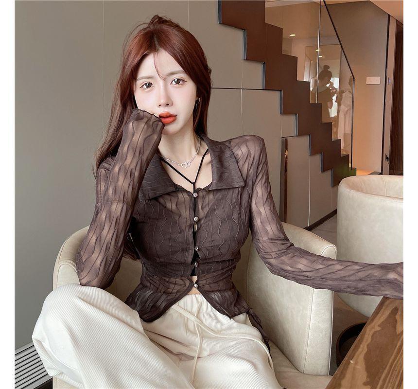Long-Sleeve Sheer Knit Crop Top Product Image