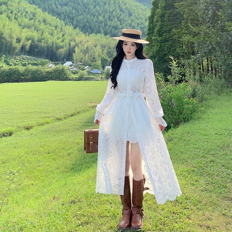 Set: Puff-Sleeve Flower Embroidered Maxi Smock Dress + High Waist Shorts Product Image