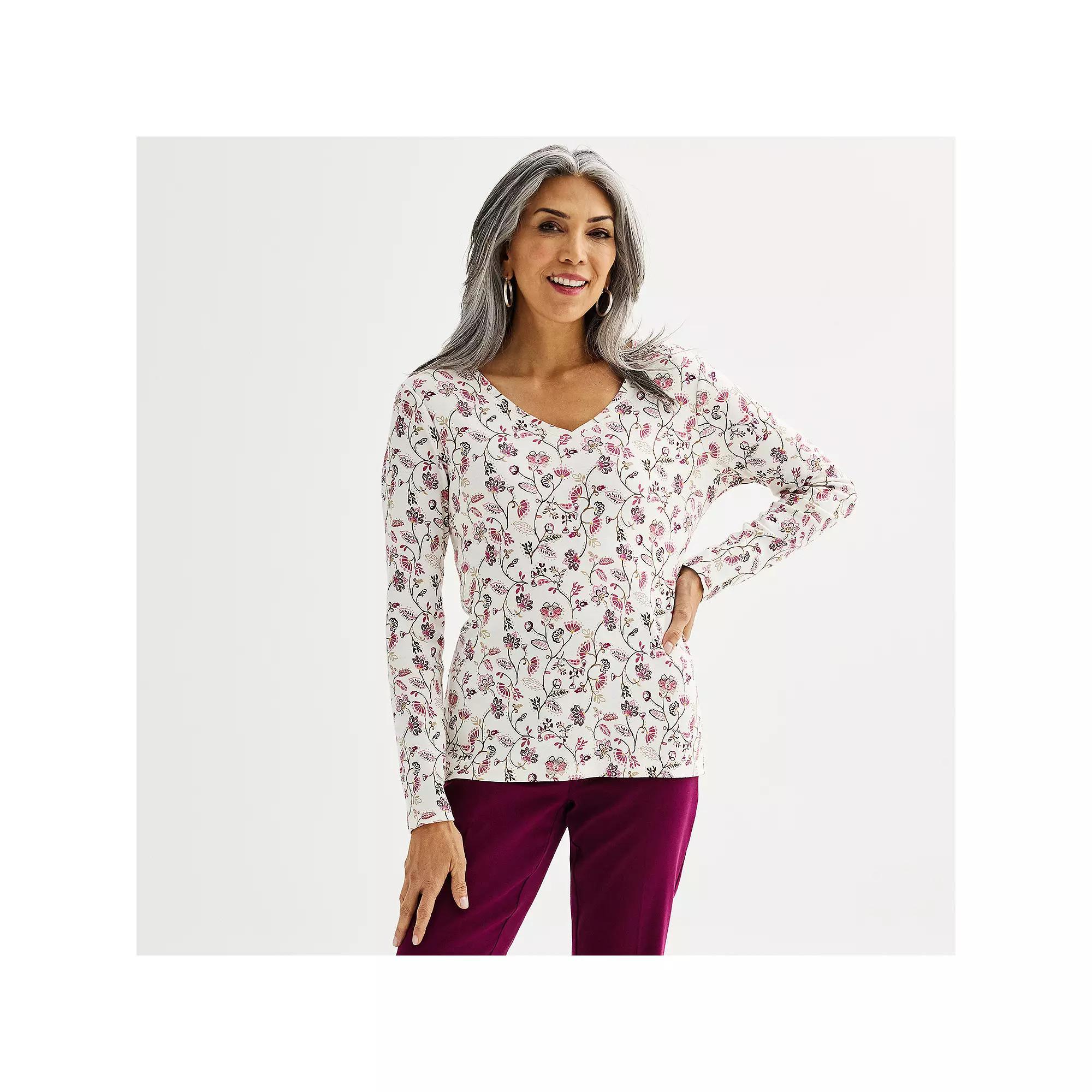 Petite Croft & Barrow® Essential Long-Sleeve V-Neck Top, Women's, Size: Large Petite, Black Paisley Flower Product Image