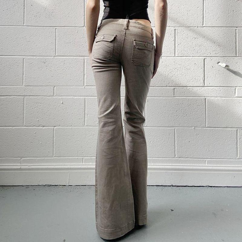 Low Waist Plain Pocket Slim-Fit Boot-Cut Cargo Pants Product Image
