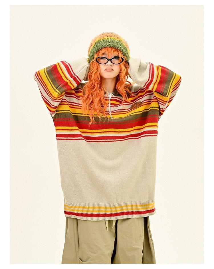 Drop Shoulder Polo Collar Striped Oversized Sweater Product Image