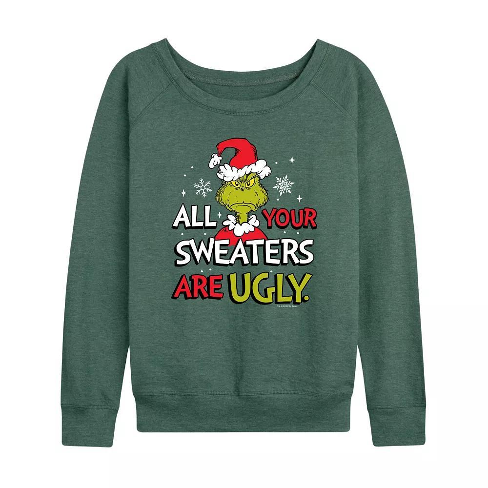 Women's Dr. Seuss Grinch Sweaters Are Ugly French Terry Long Sleeve Tee, Size: XXL, Grey Green Product Image