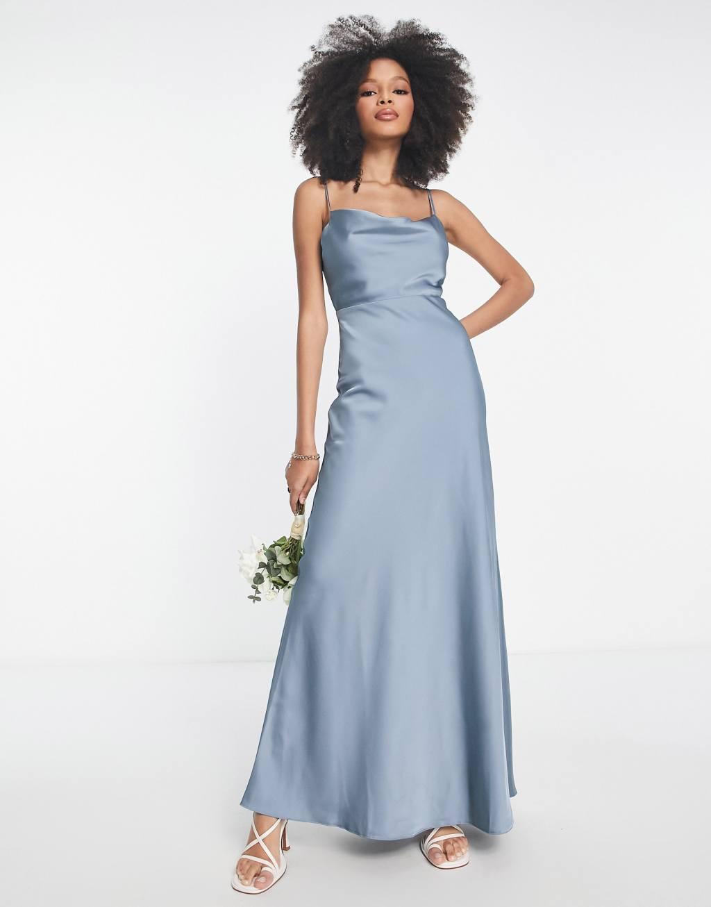 ASOS DESIGN Bridesmaid satin cowl neck maxi dress with full skirt Product Image