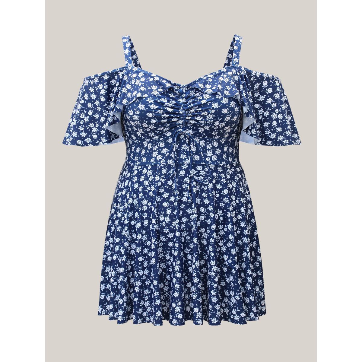 Plus Size Off-Shoulder Ruched Drawstring Swim Dress Women's Swimwear Indigo Beach Bodycon One-shoulder neck High stretch Curve Swim Dresses BloomChic 10/M Product Image