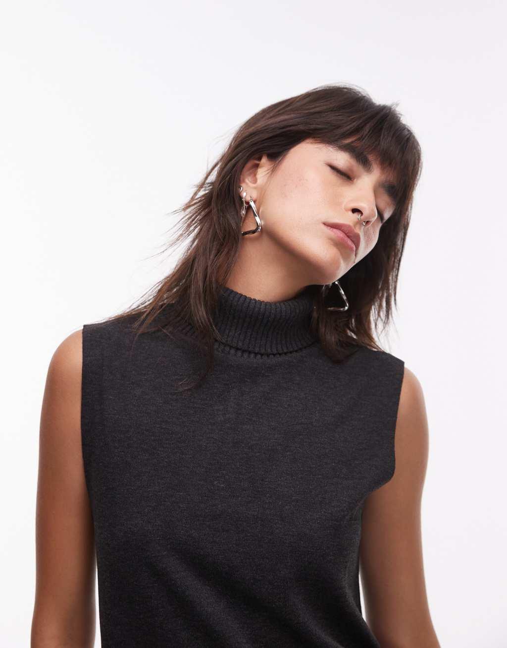 Mango high neck sleeveless knitted top in dark gray - part of a set Product Image