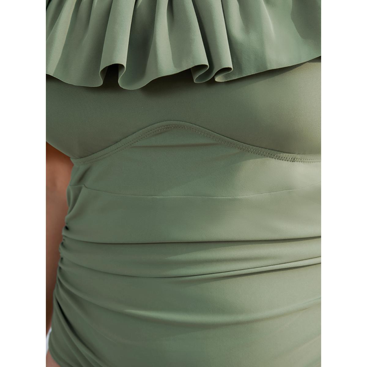 Plus Size Ruffles Trim Sculpt Waist Cold Shoulder One Piece Swimsuit Women's Swimwear Mint Vacation Adjustable Straps Curve Bathing Suits High stretch One Pieces BloomChic 18-20/2X Product Image