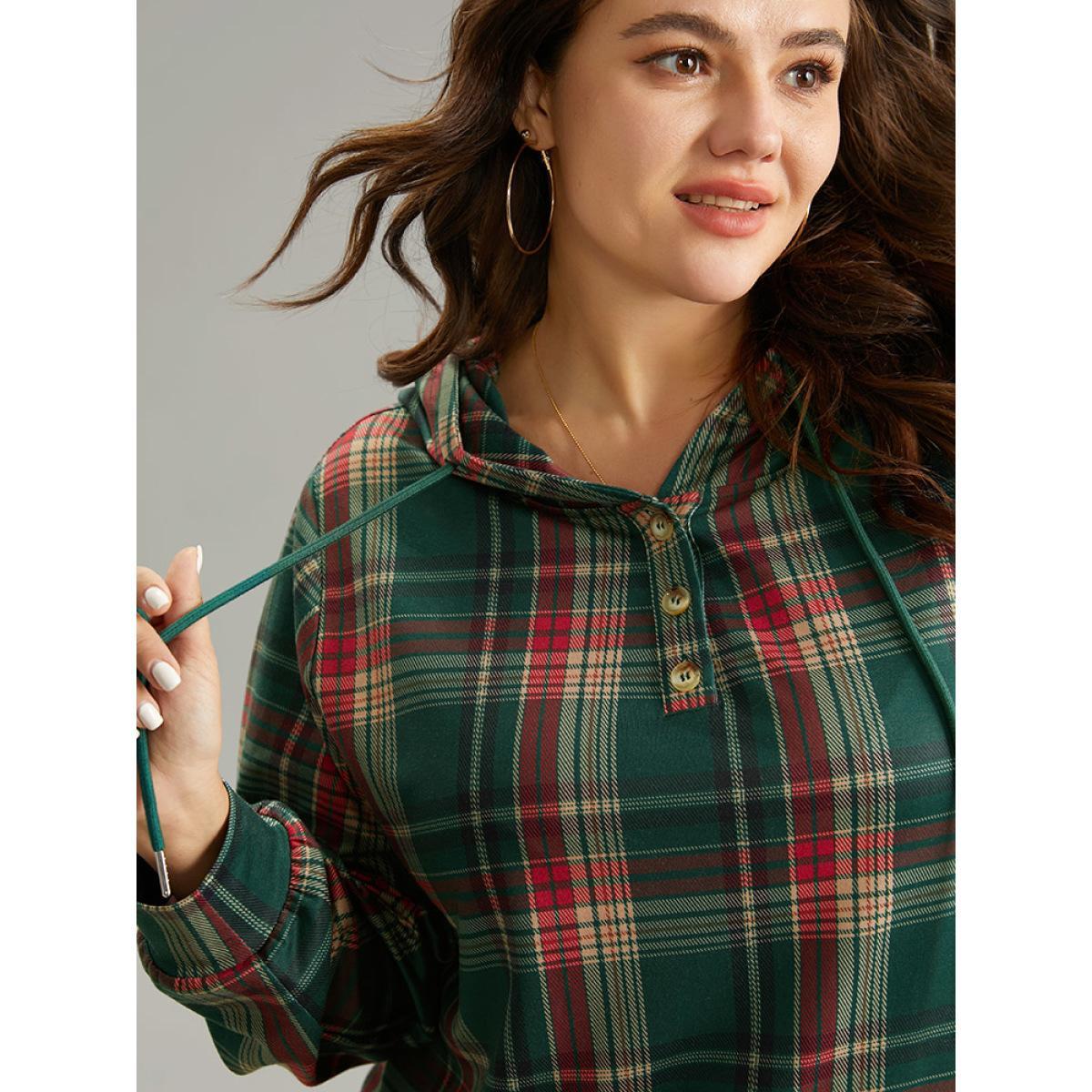 Plus Size Contrast Plaid Button Up Kangaroo Pocket Sweatshirt Women DarkGreen Casual Button Hooded Dailywear Sweatshirts BloomChic 22-24/3X Product Image