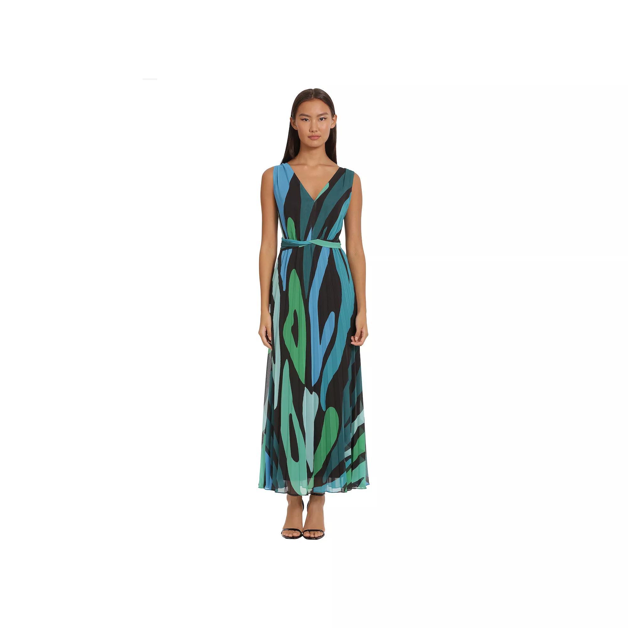 Women's London Times V-Neck Sleeveless Ruched Waist Pleated Maxi Dress, Size: 12, Blue Green Product Image