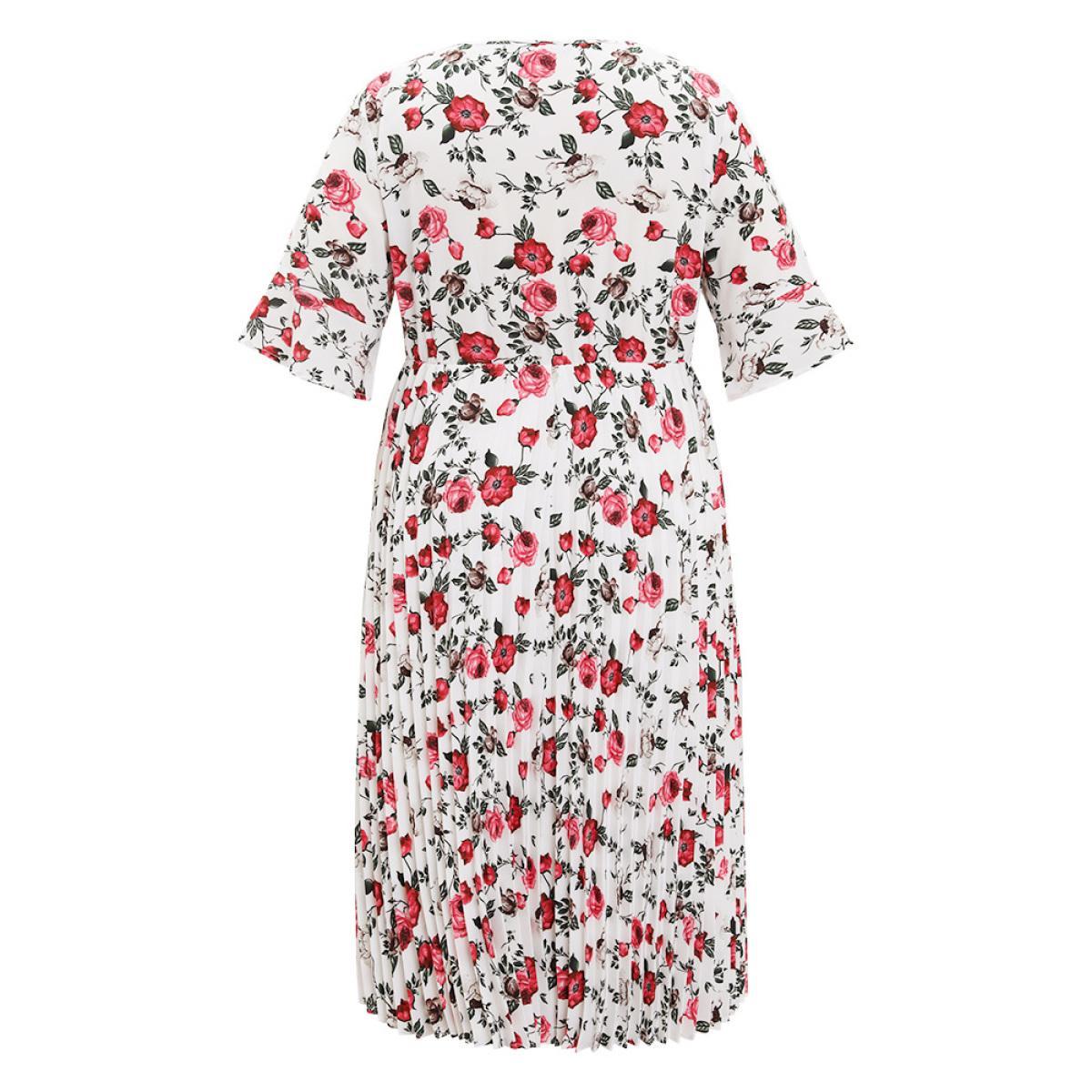 Plus Size Floral Print Pleated Hem Pocket Bell Sleeve Midi Dress Multicolor Women Elegant Pleated Round Neck Half Sleeve Curvy Midi Dress BloomChic 12/L Product Image