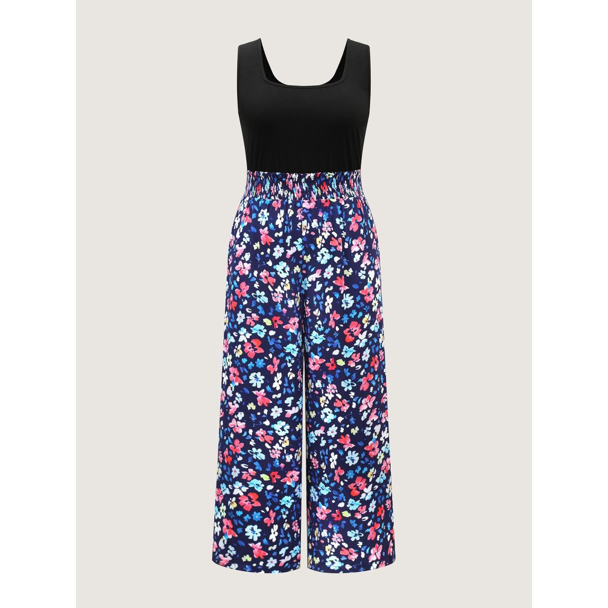 Plus Size DarkBlue Floral Color Contrast Shirred Jumpsuit Women Sleeveless Round Neck Vacation Loose Jumpsuits BloomChic 26/4X Product Image