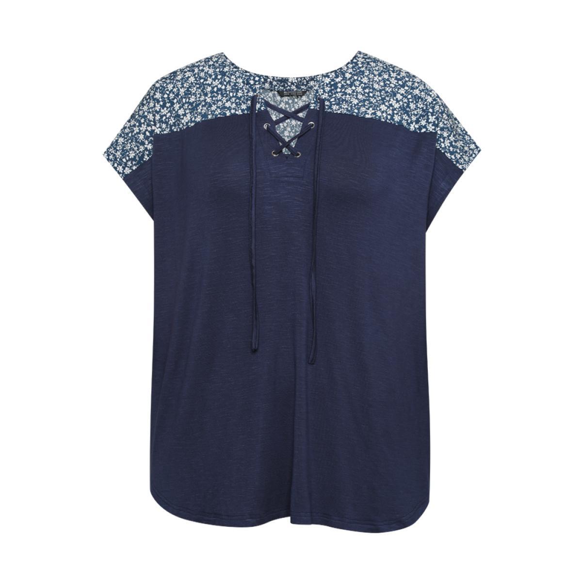 Plus Size Ditsy Floral Patchwork Lace Up Notched T-shirt Indigo Women Elegant Cross straps Ditsy Floral Notched collar Dailywear T-shirts BloomChic 10/M Product Image