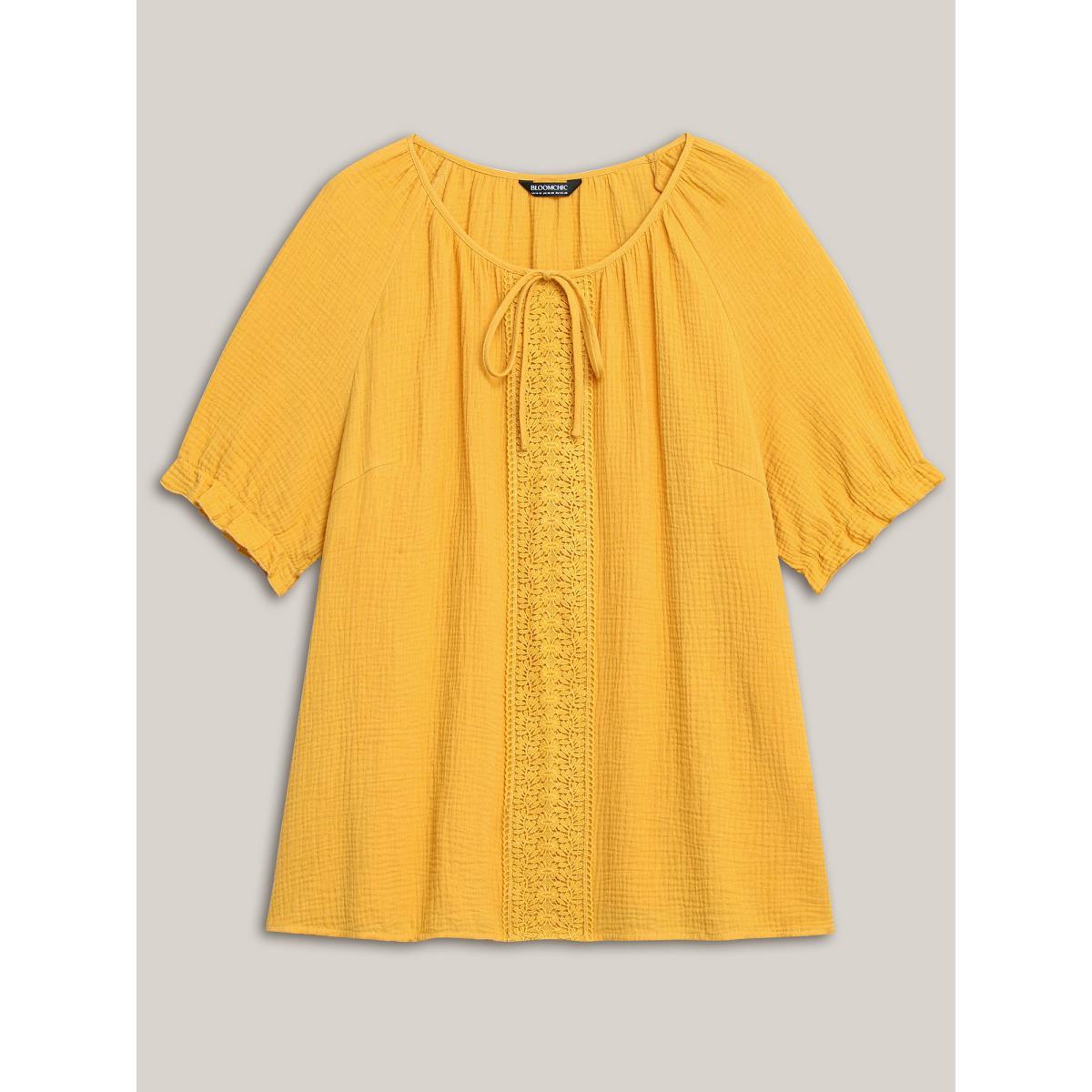 Plus Size Turmeric Pure Cotton Lace Placket Tied Blouse Women Short sleeve Round Neck Everyday-Casual Blouses BloomChic 18-20/2X Product Image