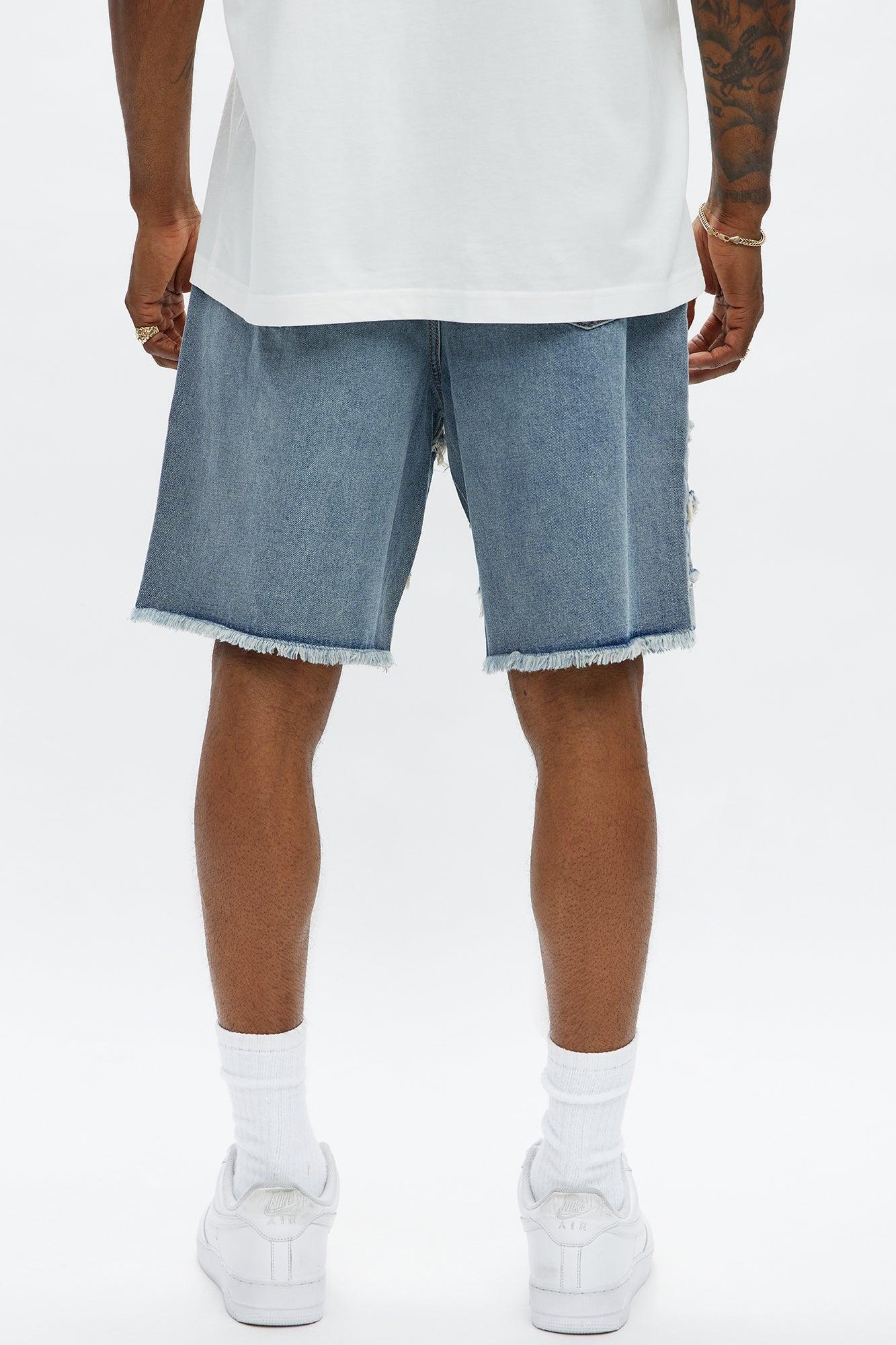 Relaxed Contrast With The Fray Denim Shorts - Medium Blue Wash Male Product Image