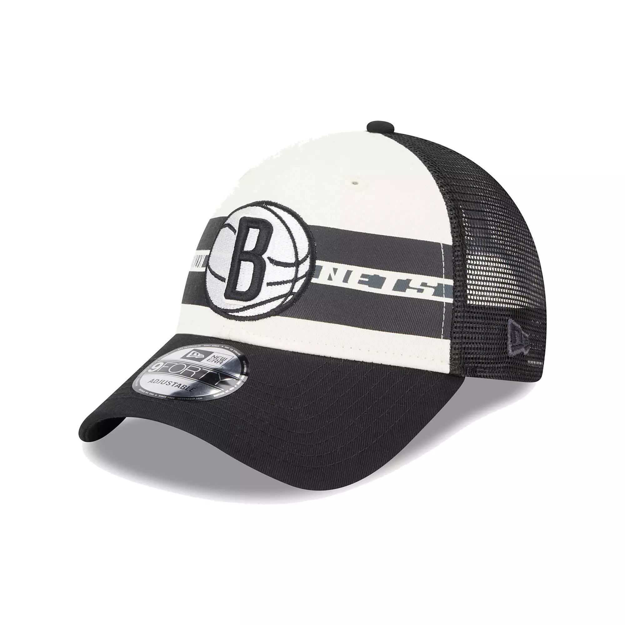 Men's New Era Brooklyn Nets Black Stripes 9FORTY Trucker Snapback Hat Product Image