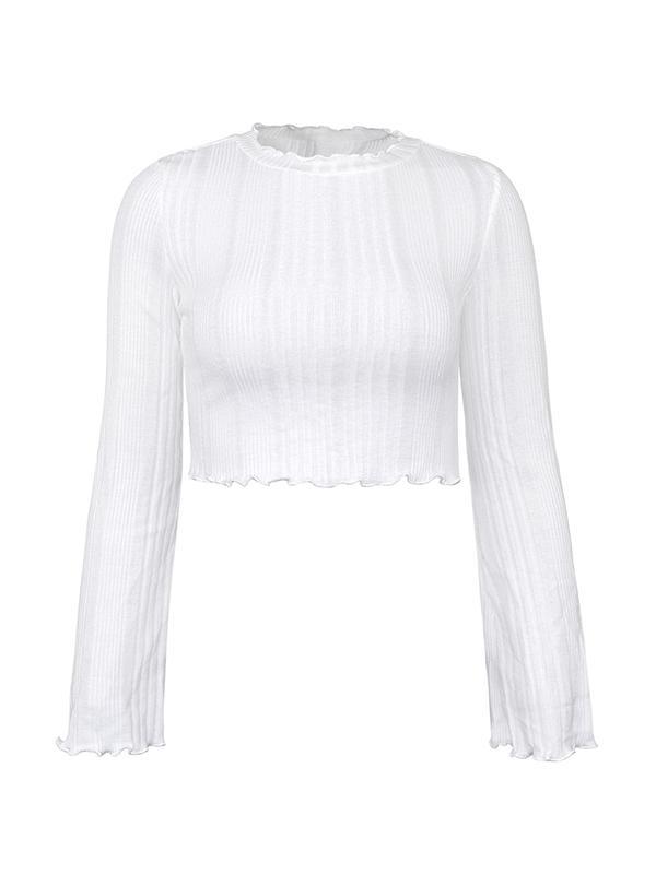 White Ruched Crop Flare Long Sleeve Knit Product Image