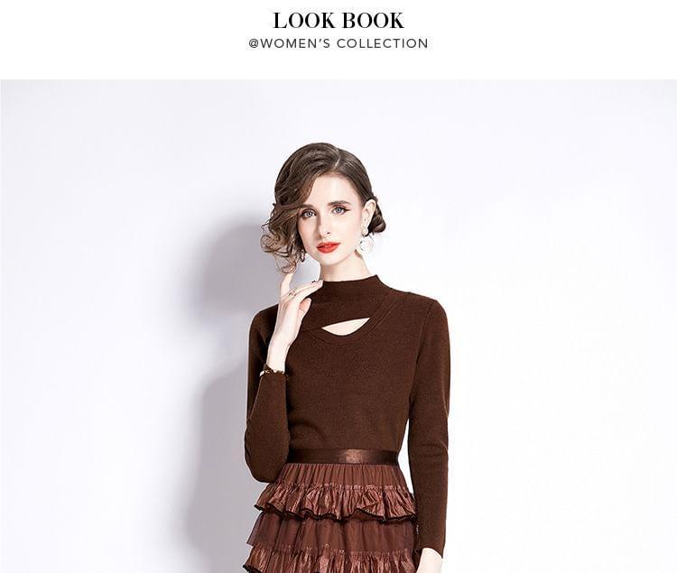 Set: Long Sleeve Mock Neck Plain Panel Knit Top + High Waist Tiered Mesh Maxi A-Line Skirt Product Image