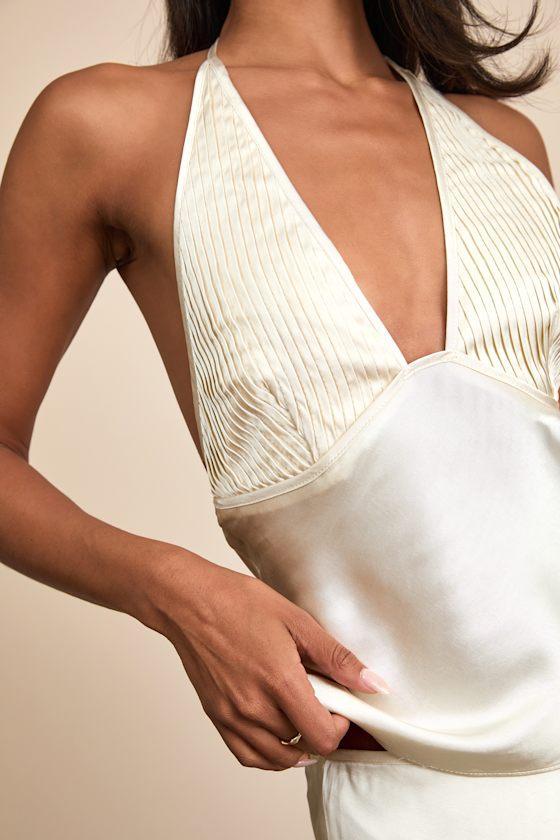 Devon Ivory Satin Pleated Halter Top Product Image