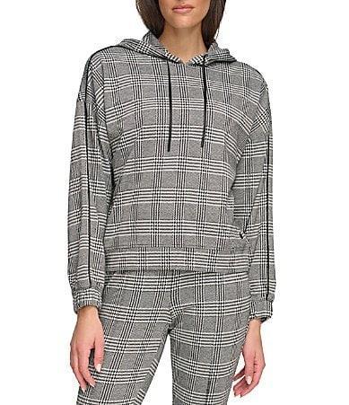 Andrew Marc Sport Womens Double Knit Glenplaid Hoodie Sweatshirt with Piping Sleeve Detail Product Image