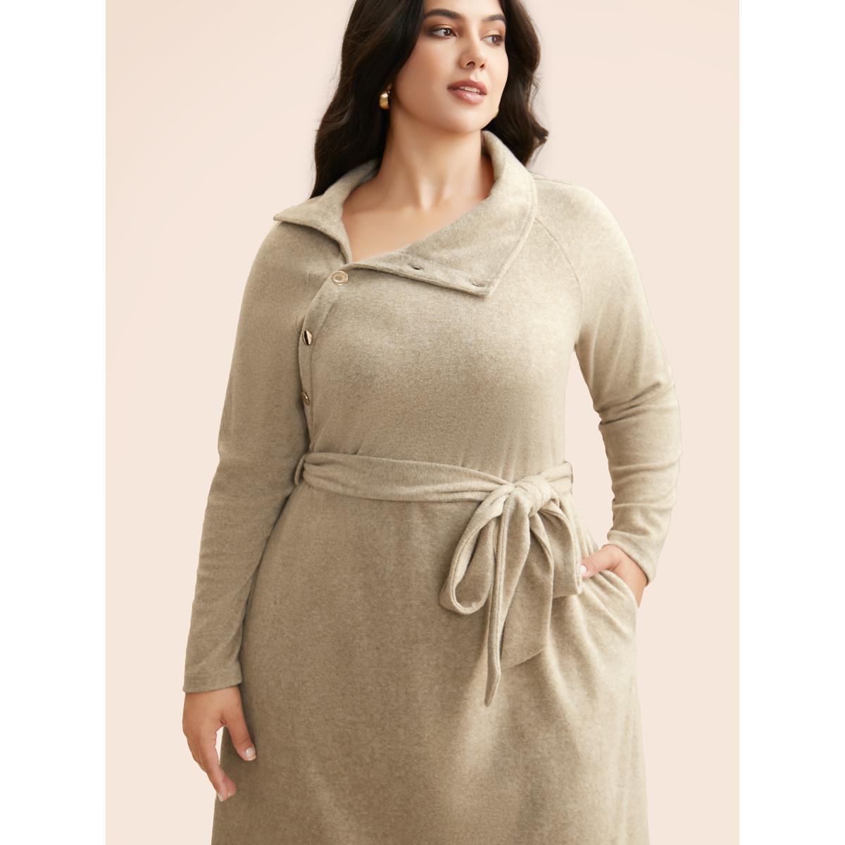 Plus Size Airy Cozy Button Bodice Placket Midi Dress LightBrown Women Casual Belted Knit Dresses Bloomchic 18-20/2X Product Image