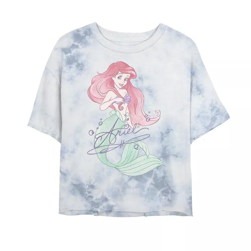 Juniors' Disney Princess The Little Mermaid Ariel Signed Portrait Bombard Wash Crop Graphic Tee, Women's, Size: Large, White Blue Product Image