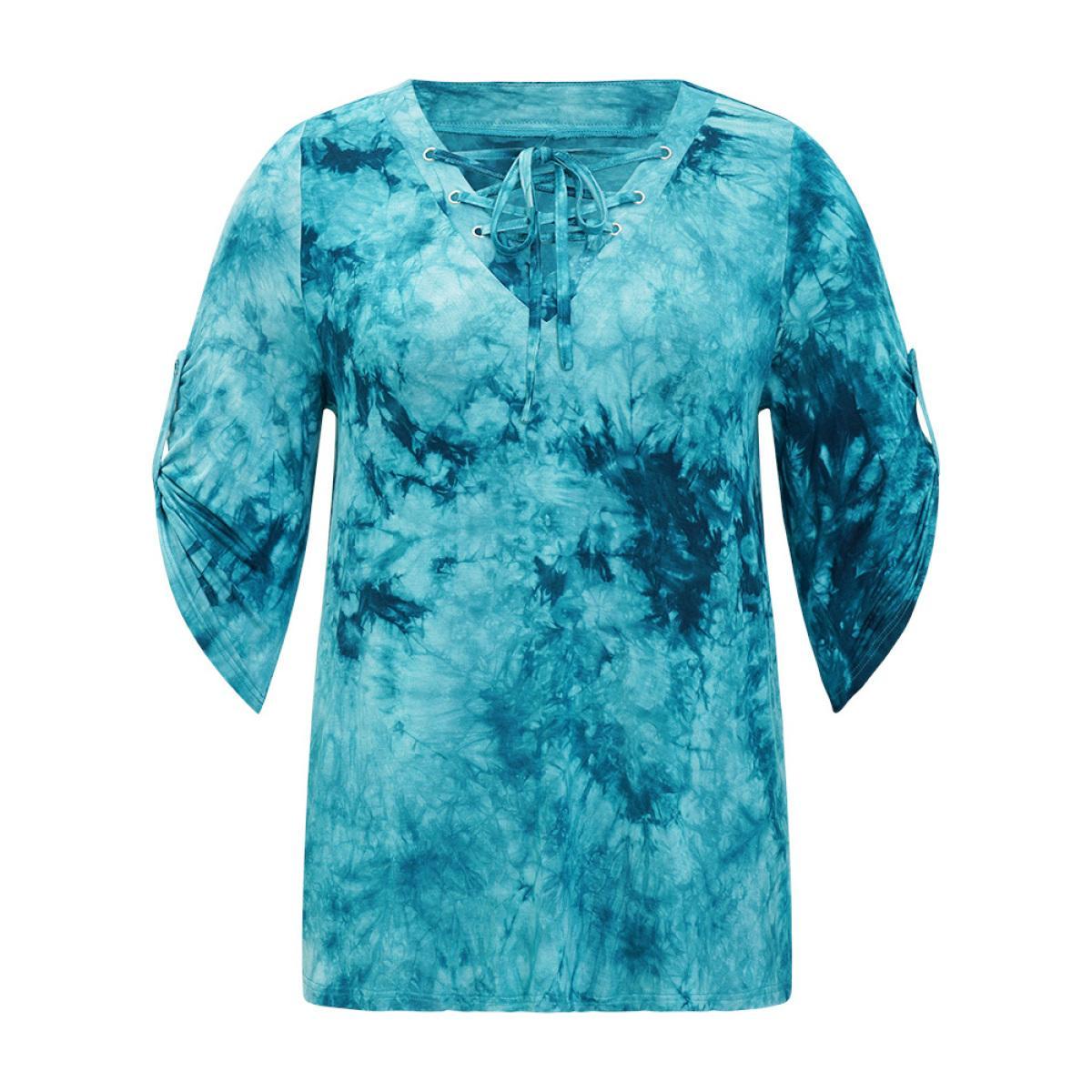 Plus Size Tie Dye Roll Sleeve Lace Up T-shirt Cerulean Women Casual Tie Dye V-neck Dailywear T-shirts BloomChic 26/4X Product Image