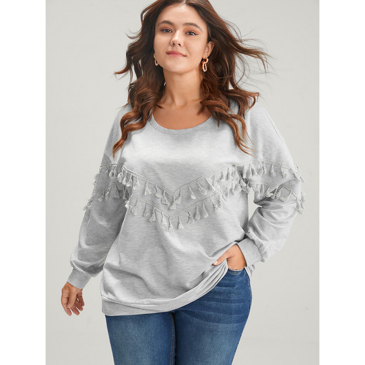 Plus Size Solid Round Neck Tassels Drop Shoulder Sweatshirt Women LightGray Casual Patchwork Round Neck Dailywear Sweatshirts BloomChic 12/L Product Image