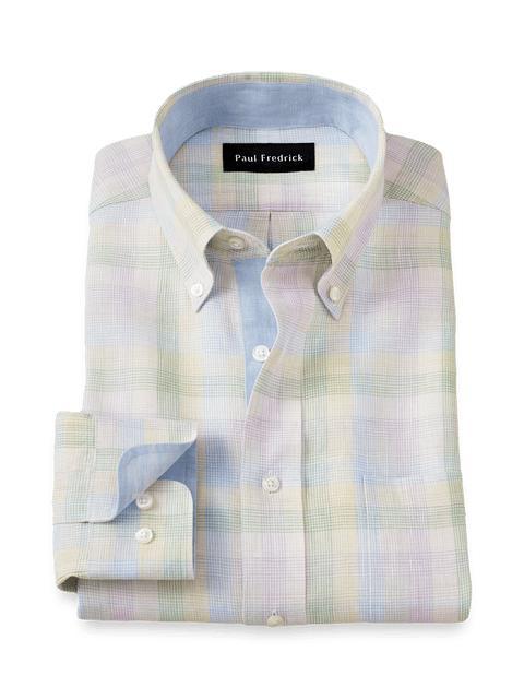 Non-Iron Linen Plaid Dress Shirt With Contrast Trim - Multi Product Image