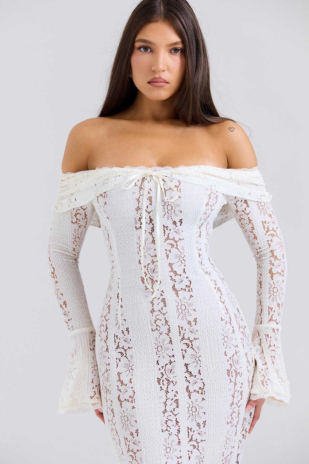 Belle  vintage cream floral lace off shoulder maxi dress Product Image