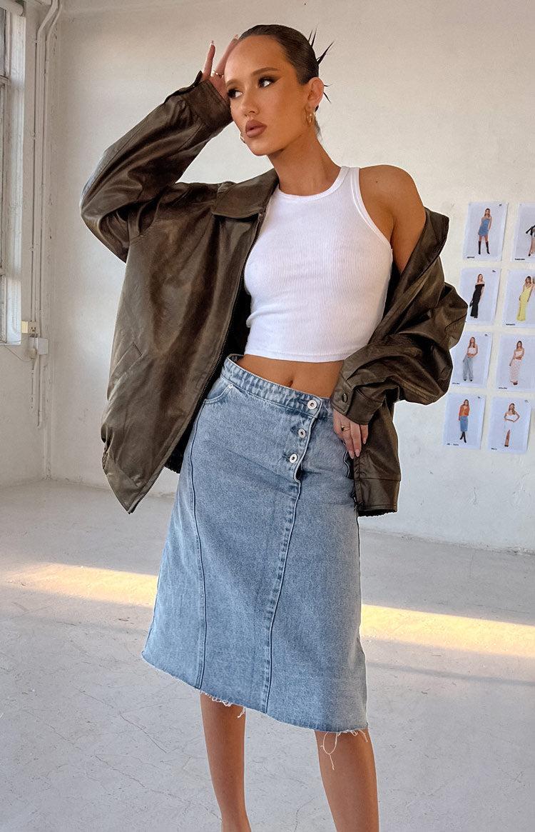 Jas Mid Wash Mid Waist Denim Midi Skirt Product Image