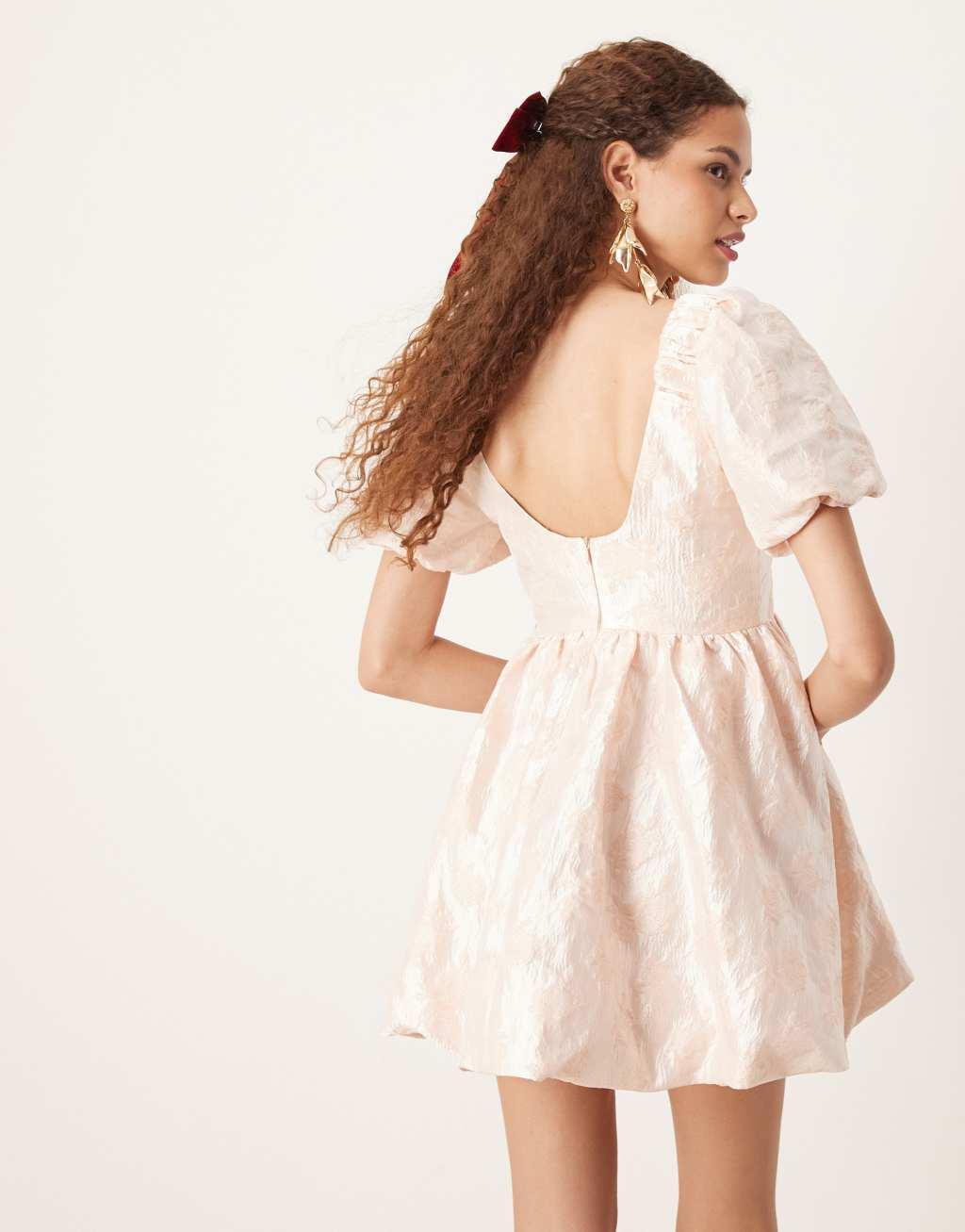 Sister Jane puff sleeve jacquard mini dress in powder pink Product Image