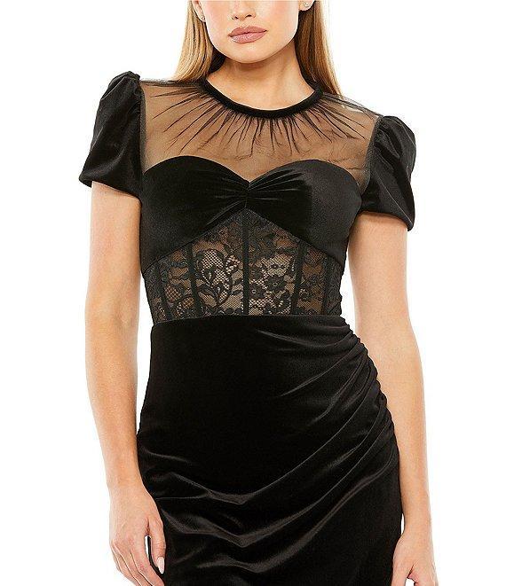Mac Duggal Sheer Bustier Top Lace Asymmetrical Hemline Dress Product Image
