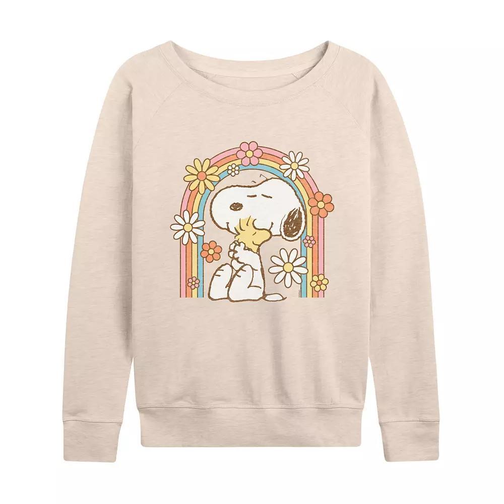 Womens Peanuts Snoopy and Woodstock Flower Rainbow French Terry Long Sleeve Tee, Girls Product Image