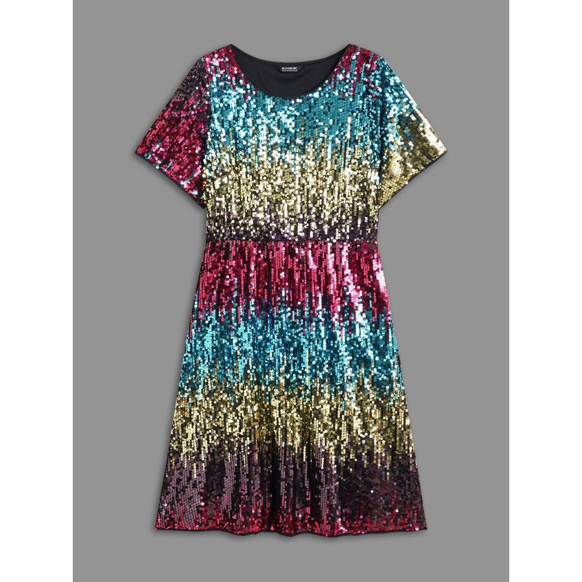 Plus Size Round Neck Ombre Sequin Dress Multicolor Women Cocktail Texture Party Curvy Bloomchic 18-20/2X Product Image