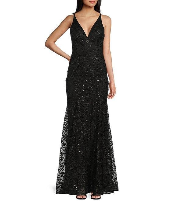 Blondie Nites Glitter Mesh Leaf Print V-Neck Tie Back Long Gown Product Image