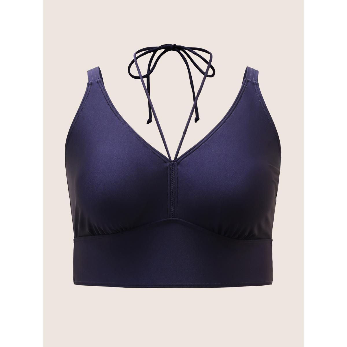 Plus Size Solid V Neck Tie Knot Adjustable Straps Swim Top Women's Swimwear Indigo Beach Tie knot High stretch Skinny V-neck Curve Swim Tops BloomChic 12/L Product Image